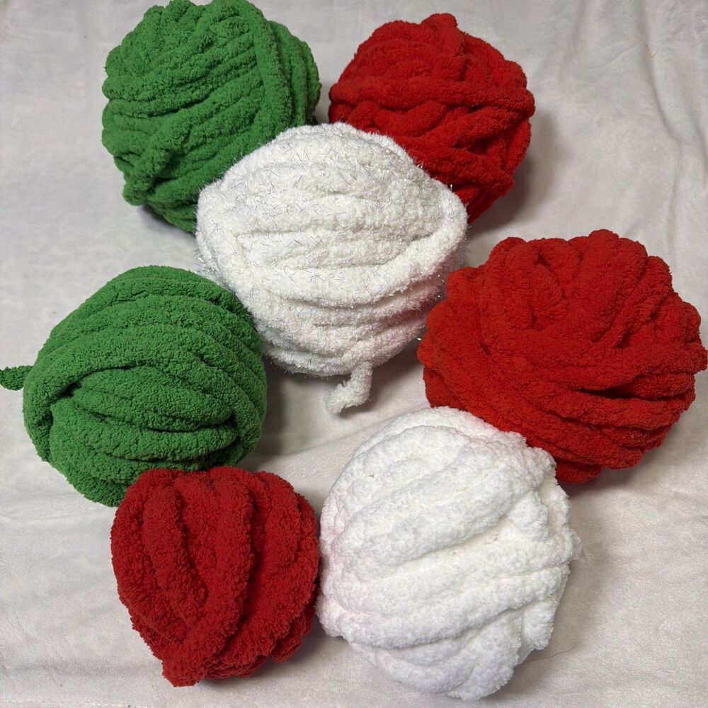 Lot 7 Chunky Chenille Yarn Red Green White Plush Holiday Craft Unbranded